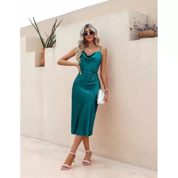 Ekouaer Womens Satin Nightgown Sexy Lingerie Sleepwear Spaghetti Strap Cowl Neck Elegant Long Slip Satin Silk Midi DressBlue Green