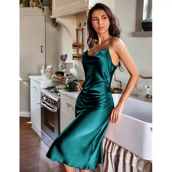 Ekouaer Womens Satin Nightgown Sexy Lingerie Sleepwear Spaghetti Strap Cowl Neck Elegant Long Slip Satin Silk Midi DressBlue Green