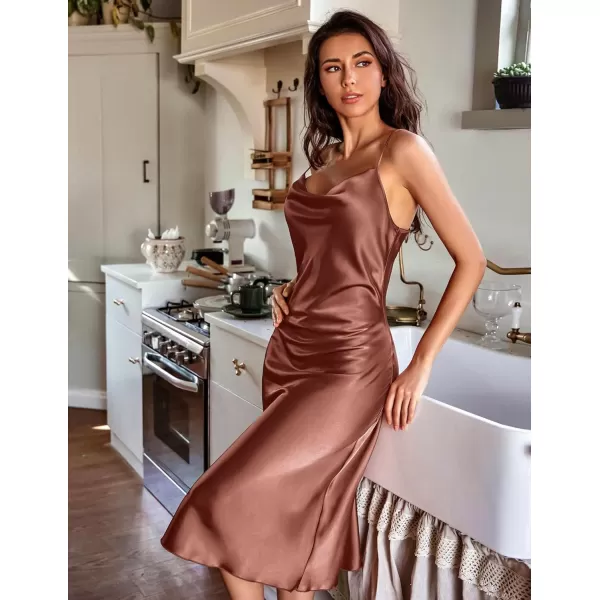 Ekouaer Womens Satin Nightgown Sexy Lingerie Sleepwear Spaghetti Strap Cowl Neck Elegant Long Slip Satin Silk Midi DressBrown