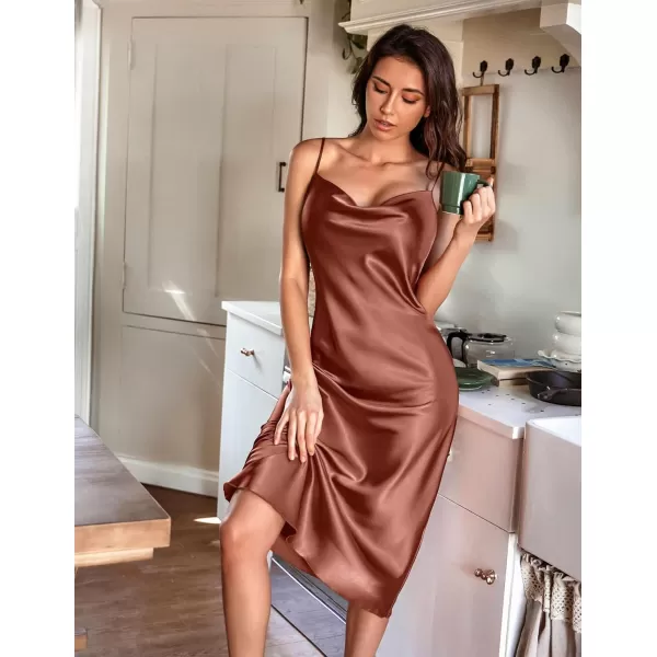 Ekouaer Womens Satin Nightgown Sexy Lingerie Sleepwear Spaghetti Strap Cowl Neck Elegant Long Slip Satin Silk Midi DressBrown