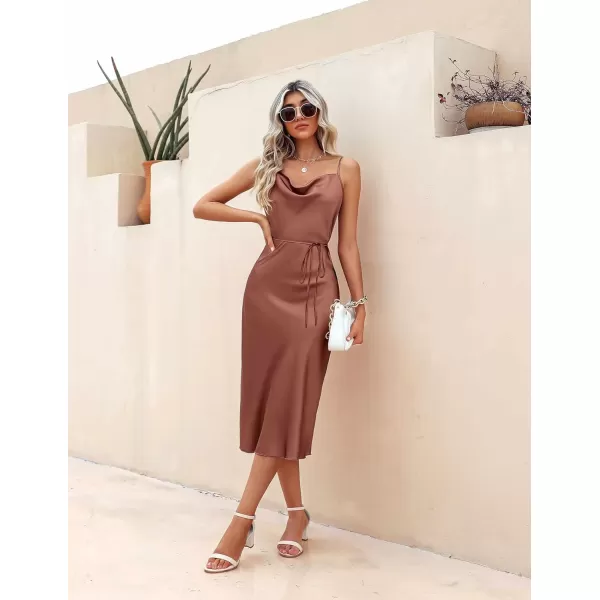 Ekouaer Womens Satin Nightgown Sexy Lingerie Sleepwear Spaghetti Strap Cowl Neck Elegant Long Slip Satin Silk Midi DressBrown