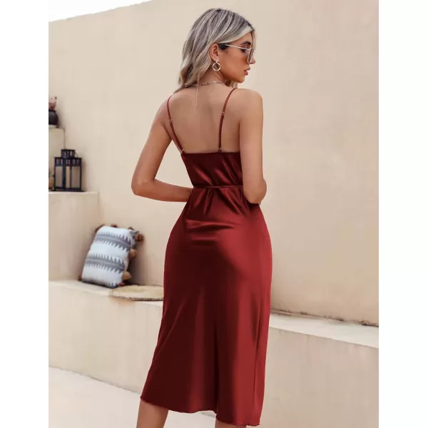 Ekouaer Womens Satin Nightgown Sexy Lingerie Sleepwear Spaghetti Strap Cowl Neck Elegant Long Slip Satin Silk Midi DressBurgundy