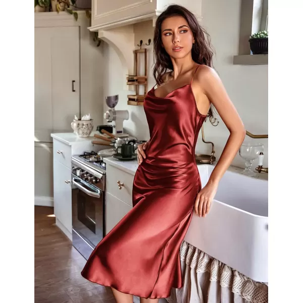 Ekouaer Womens Satin Nightgown Sexy Lingerie Sleepwear Spaghetti Strap Cowl Neck Elegant Long Slip Satin Silk Midi DressBurgundy