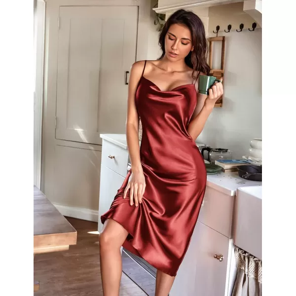 Ekouaer Womens Satin Nightgown Sexy Lingerie Sleepwear Spaghetti Strap Cowl Neck Elegant Long Slip Satin Silk Midi DressBurgundy