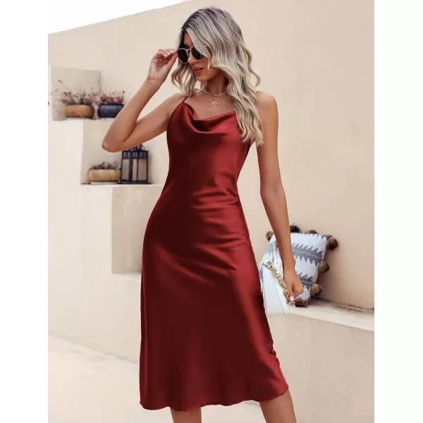 Ekouaer Womens Satin Nightgown Sexy Lingerie Sleepwear Spaghetti Strap Cowl Neck Elegant Long Slip Satin Silk Midi DressBurgundy