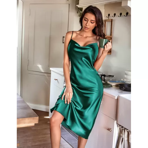 Ekouaer Womens Satin Nightgown Sexy Lingerie Sleepwear Spaghetti Strap Cowl Neck Elegant Long Slip Satin Silk Midi DressGreen