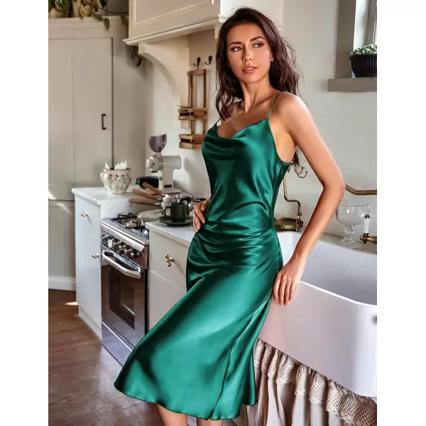 Ekouaer Womens Satin Nightgown Sexy Lingerie Sleepwear Spaghetti Strap Cowl Neck Elegant Long Slip Satin Silk Midi DressGreen