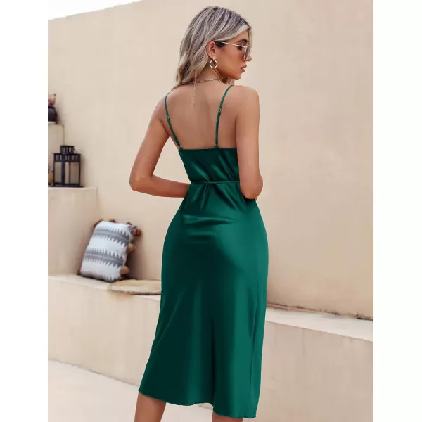 Ekouaer Womens Satin Nightgown Sexy Lingerie Sleepwear Spaghetti Strap Cowl Neck Elegant Long Slip Satin Silk Midi DressGreen