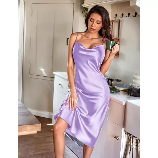 Ekouaer Womens Satin Nightgown Sexy Lingerie Sleepwear Spaghetti Strap Cowl Neck Elegant Long Slip Satin Silk Midi DressLavender