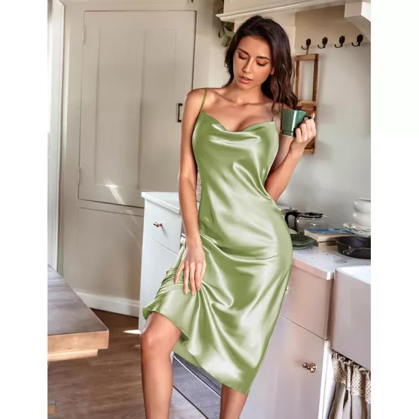 Ekouaer Womens Satin Nightgown Sexy Lingerie Sleepwear Spaghetti Strap Cowl Neck Elegant Long Slip Satin Silk Midi DressLight Green