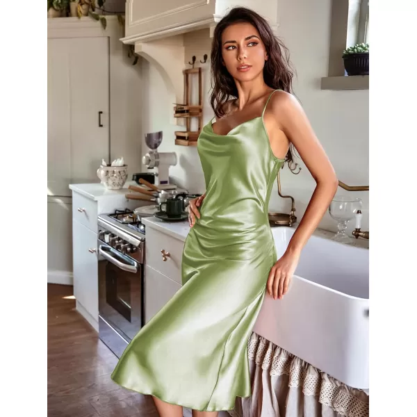 Ekouaer Womens Satin Nightgown Sexy Lingerie Sleepwear Spaghetti Strap Cowl Neck Elegant Long Slip Satin Silk Midi DressLight Green