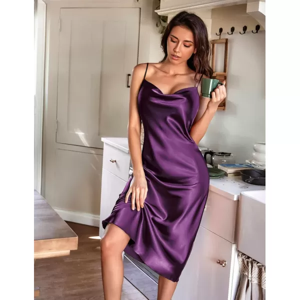 Ekouaer Womens Satin Nightgown Sexy Lingerie Sleepwear Spaghetti Strap Cowl Neck Elegant Long Slip Satin Silk Midi DressPurple