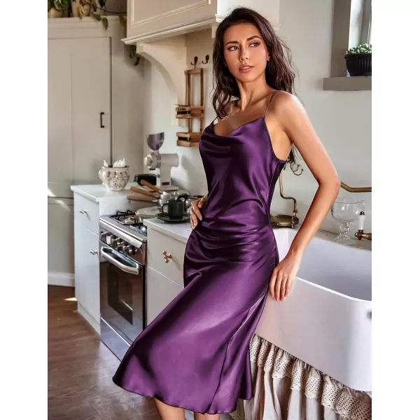 Ekouaer Womens Satin Nightgown Sexy Lingerie Sleepwear Spaghetti Strap Cowl Neck Elegant Long Slip Satin Silk Midi DressPurple