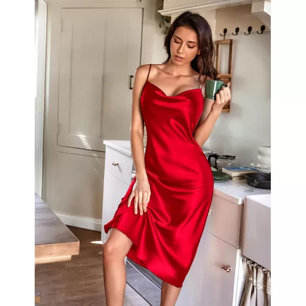 Ekouaer Womens Satin Nightgown Sexy Lingerie Sleepwear Spaghetti Strap Cowl Neck Elegant Long Slip Satin Silk Midi DressRed