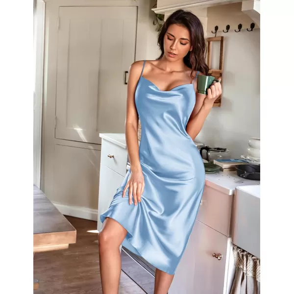 Ekouaer Womens Satin Nightgown Sexy Lingerie Sleepwear Spaghetti Strap Cowl Neck Elegant Long Slip Satin Silk Midi DressSky Blue