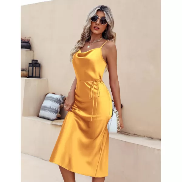 Ekouaer Womens Satin Nightgown Sexy Lingerie Sleepwear Spaghetti Strap Cowl Neck Elegant Long Slip Satin Silk Midi DressYellow