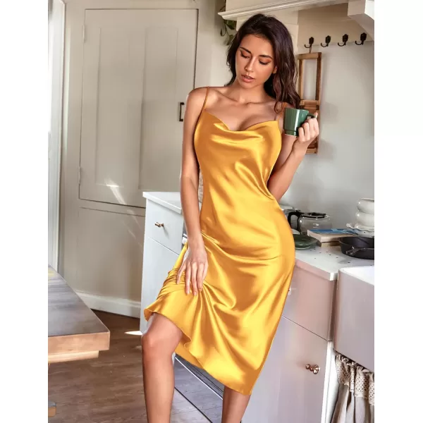 Ekouaer Womens Satin Nightgown Sexy Lingerie Sleepwear Spaghetti Strap Cowl Neck Elegant Long Slip Satin Silk Midi DressYellow