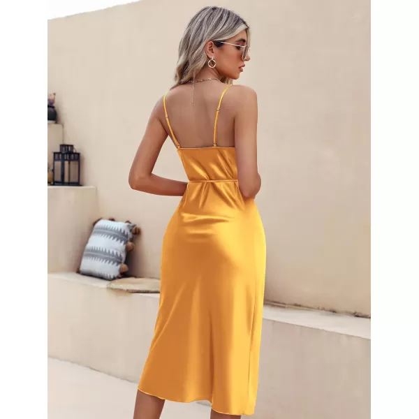 Ekouaer Womens Satin Nightgown Sexy Lingerie Sleepwear Spaghetti Strap Cowl Neck Elegant Long Slip Satin Silk Midi DressYellow