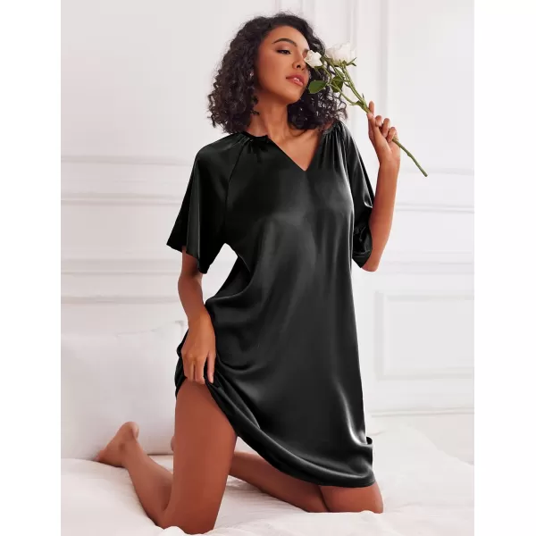 Ekouaer Womens Satin Nightgown Short Sleeve Silk Sleepshirt V Neck Sleepwear Boyfriend Loose NightshirtBlack