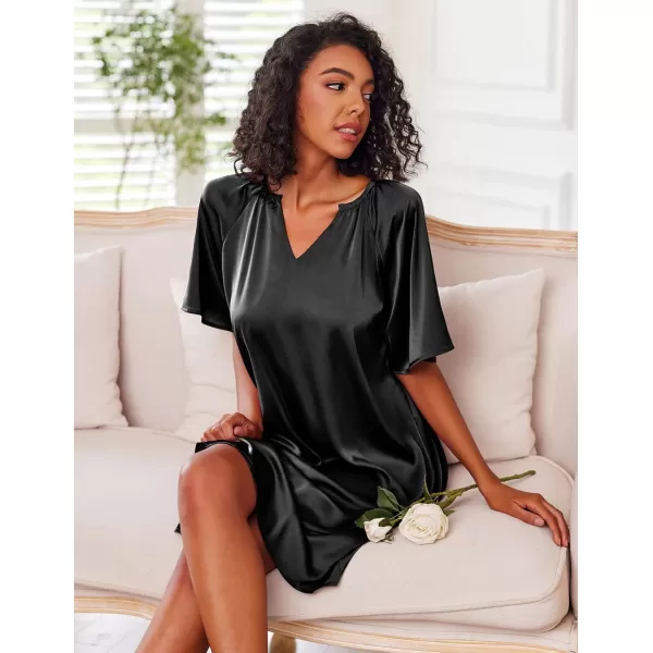 Ekouaer Womens Satin Nightgown Short Sleeve Silk Sleepshirt V Neck Sleepwear Boyfriend Loose NightshirtBlack