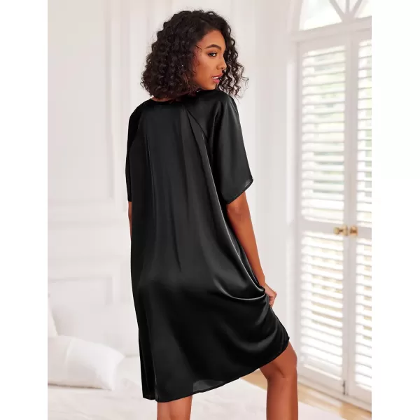 Ekouaer Womens Satin Nightgown Short Sleeve Silk Sleepshirt V Neck Sleepwear Boyfriend Loose NightshirtBlack