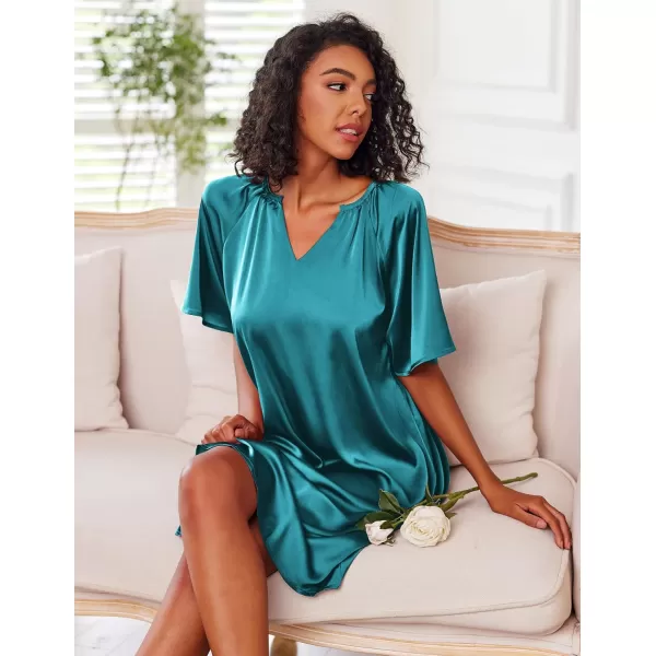 Ekouaer Womens Satin Nightgown Short Sleeve Silk Sleepshirt V Neck Sleepwear Boyfriend Loose NightshirtBlue Green