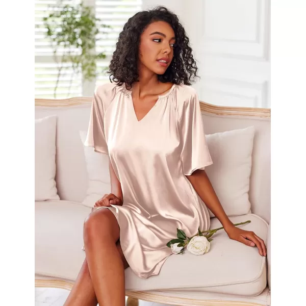 Ekouaer Womens Satin Nightgown Short Sleeve Silk Sleepshirt V Neck Sleepwear Boyfriend Loose NightshirtChampagne