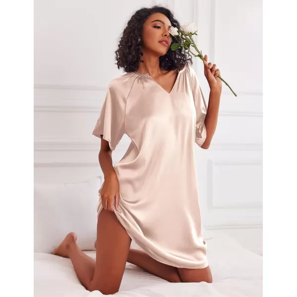 Ekouaer Womens Satin Nightgown Short Sleeve Silk Sleepshirt V Neck Sleepwear Boyfriend Loose NightshirtChampagne