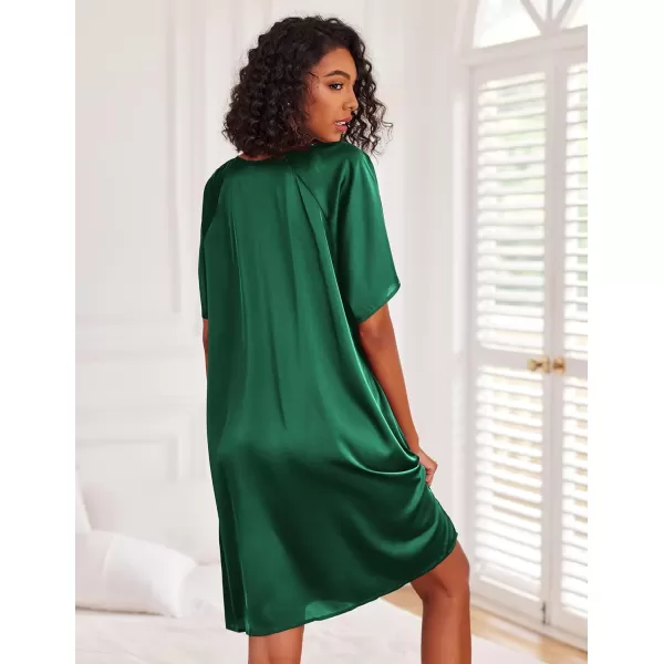 Ekouaer Womens Satin Nightgown Short Sleeve Silk Sleepshirt V Neck Sleepwear Boyfriend Loose NightshirtDark Green