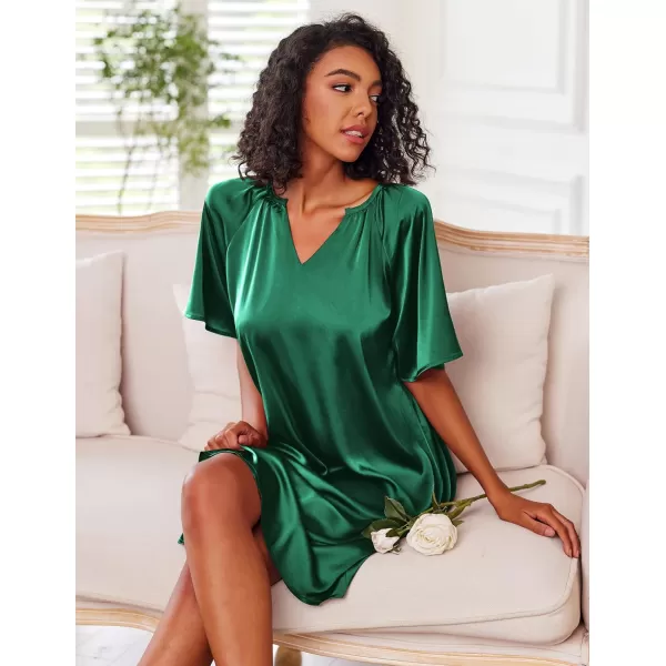 Ekouaer Womens Satin Nightgown Short Sleeve Silk Sleepshirt V Neck Sleepwear Boyfriend Loose NightshirtDark Green