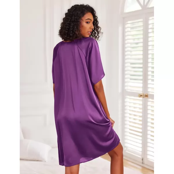 Ekouaer Womens Satin Nightgown Short Sleeve Silk Sleepshirt V Neck Sleepwear Boyfriend Loose NightshirtDark Purple