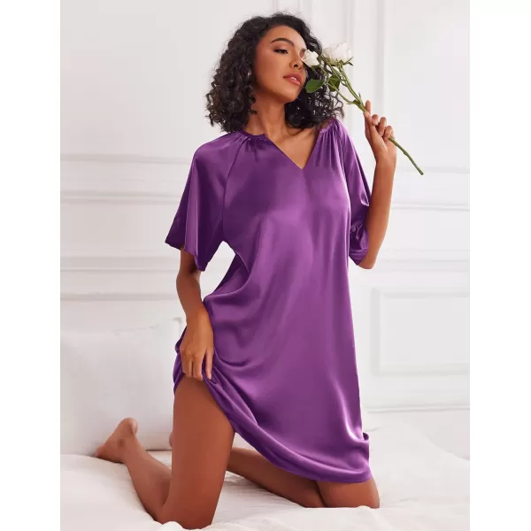 Ekouaer Womens Satin Nightgown Short Sleeve Silk Sleepshirt V Neck Sleepwear Boyfriend Loose NightshirtDark Purple