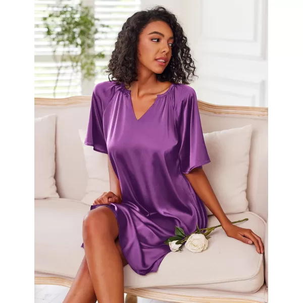 Ekouaer Womens Satin Nightgown Short Sleeve Silk Sleepshirt V Neck Sleepwear Boyfriend Loose NightshirtDark Purple