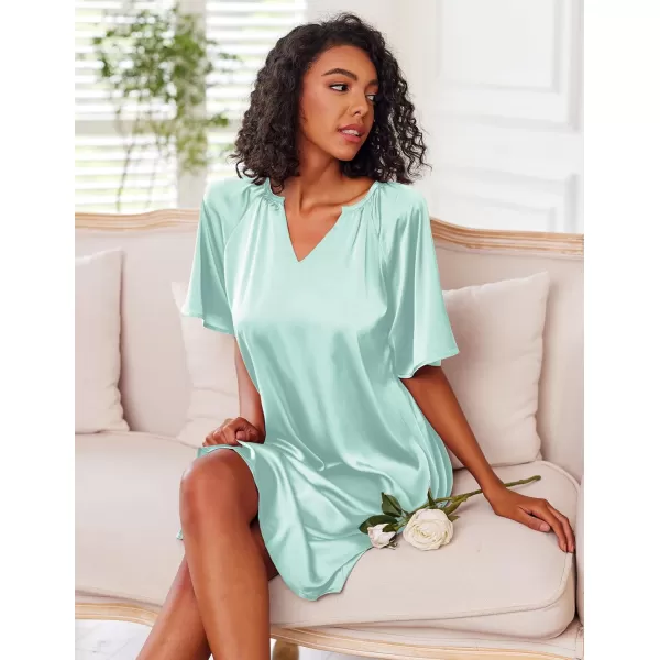 Ekouaer Womens Satin Nightgown Short Sleeve Silk Sleepshirt V Neck Sleepwear Boyfriend Loose NightshirtLight Green
