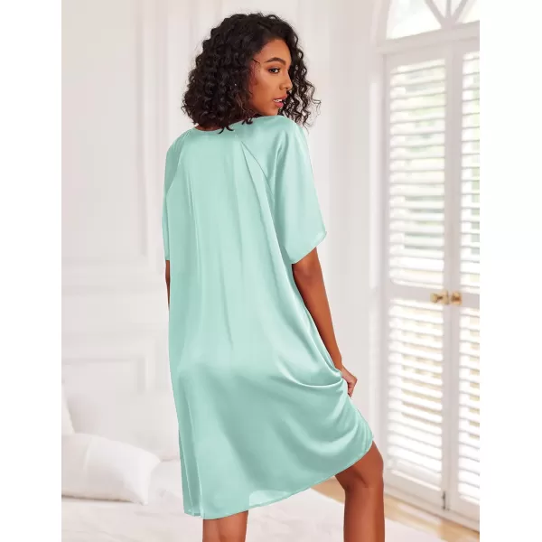 Ekouaer Womens Satin Nightgown Short Sleeve Silk Sleepshirt V Neck Sleepwear Boyfriend Loose NightshirtLight Green