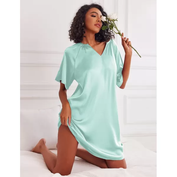 Ekouaer Womens Satin Nightgown Short Sleeve Silk Sleepshirt V Neck Sleepwear Boyfriend Loose NightshirtLight Green