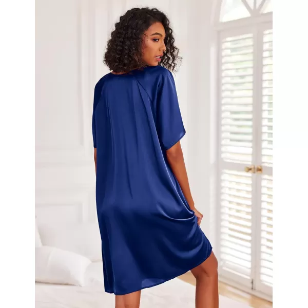 Ekouaer Womens Satin Nightgown Short Sleeve Silk Sleepshirt V Neck Sleepwear Boyfriend Loose NightshirtNavy Blue