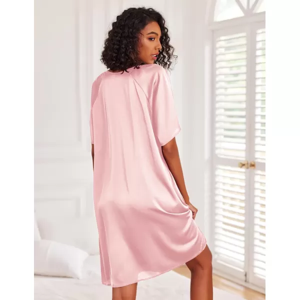 Ekouaer Womens Satin Nightgown Short Sleeve Silk Sleepshirt V Neck Sleepwear Boyfriend Loose NightshirtPink