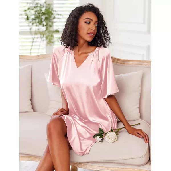 Ekouaer Womens Satin Nightgown Short Sleeve Silk Sleepshirt V Neck Sleepwear Boyfriend Loose NightshirtPink
