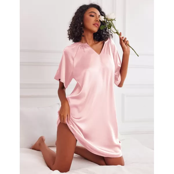 Ekouaer Womens Satin Nightgown Short Sleeve Silk Sleepshirt V Neck Sleepwear Boyfriend Loose NightshirtPink