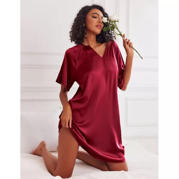 Ekouaer Womens Satin Nightgown Short Sleeve Silk Sleepshirt V Neck Sleepwear Boyfriend Loose NightshirtWine Red