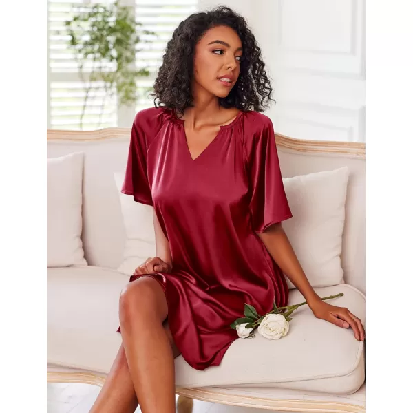 Ekouaer Womens Satin Nightgown Short Sleeve Silk Sleepshirt V Neck Sleepwear Boyfriend Loose NightshirtWine Red