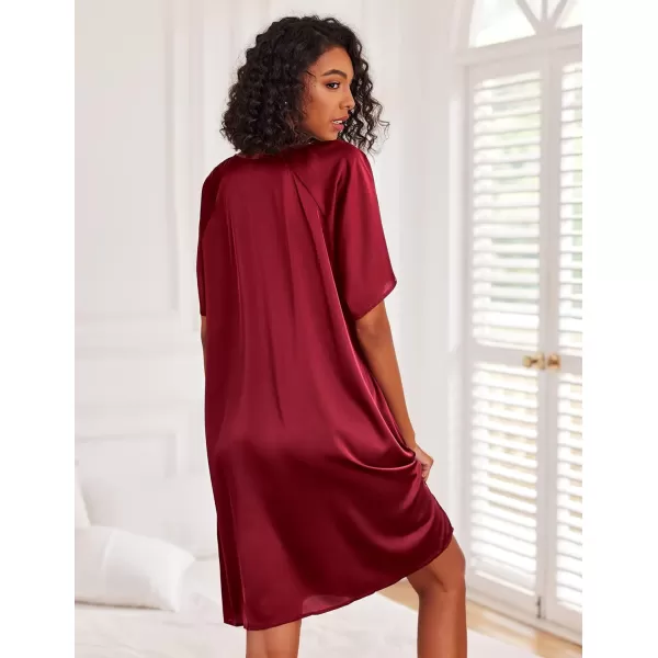 Ekouaer Womens Satin Nightgown Short Sleeve Silk Sleepshirt V Neck Sleepwear Boyfriend Loose NightshirtWine Red