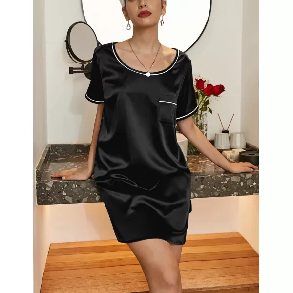 Ekouaer Womens Satin Nightgown Short Sleeve T Shirt Dress Boyfriend Casual Sleep Dress Loose Pajamas Shirt S3XLBlack