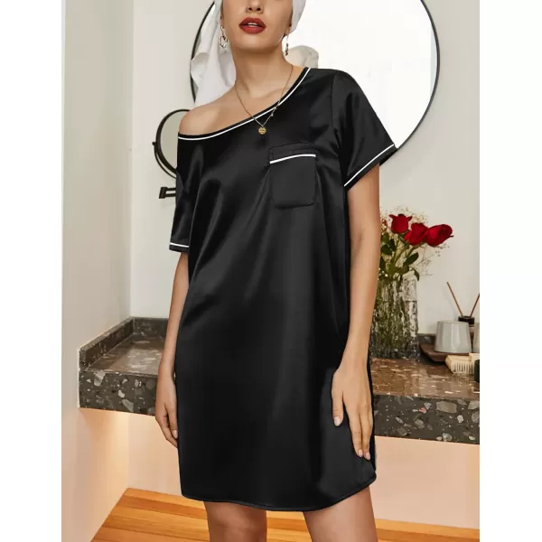 Ekouaer Womens Satin Nightgown Short Sleeve T Shirt Dress Boyfriend Casual Sleep Dress Loose Pajamas Shirt S3XLBlack