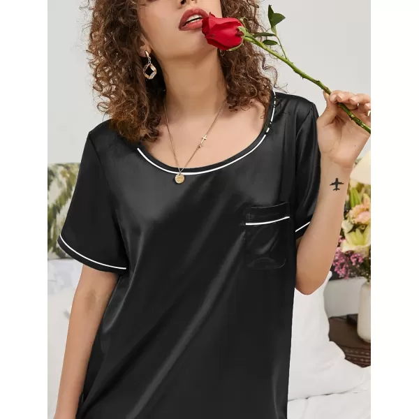 Ekouaer Womens Satin Nightgown Short Sleeve T Shirt Dress Boyfriend Casual Sleep Dress Loose Pajamas Shirt S3XLBlack