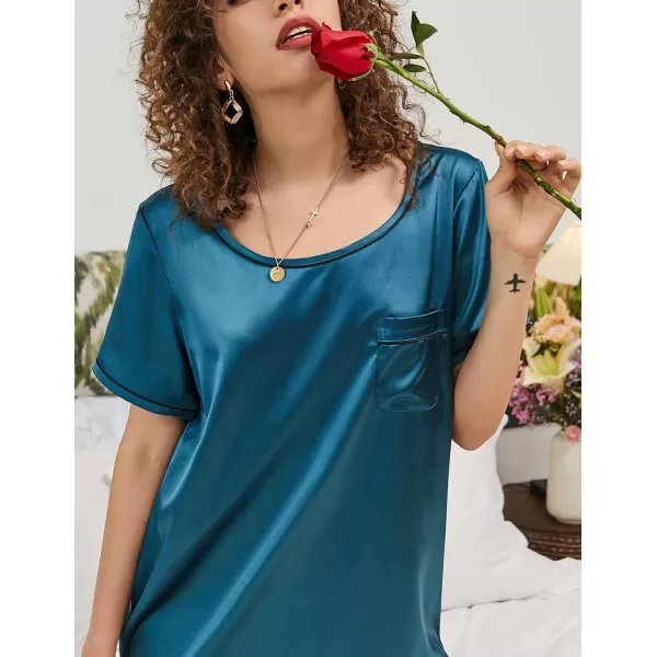 Ekouaer Womens Satin Nightgown Short Sleeve T Shirt Dress Boyfriend Casual Sleep Dress Loose Pajamas Shirt S3XLBlue Green