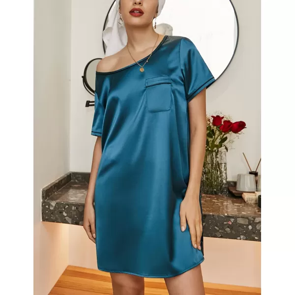 Ekouaer Womens Satin Nightgown Short Sleeve T Shirt Dress Boyfriend Casual Sleep Dress Loose Pajamas Shirt S3XLBlue Green