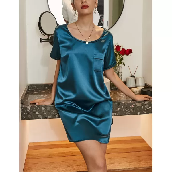 Ekouaer Womens Satin Nightgown Short Sleeve T Shirt Dress Boyfriend Casual Sleep Dress Loose Pajamas Shirt S3XLBlue Green