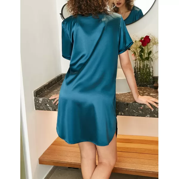 Ekouaer Womens Satin Nightgown Short Sleeve T Shirt Dress Boyfriend Casual Sleep Dress Loose Pajamas Shirt S3XLBlue Green